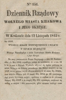 Dziennik Rządowy Wolnego Miasta Krakowa i Jego Okręgu. 1845, nr 151