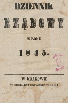 Dziennik Rządowy Wolnego Miasta Krakowa i Jego Okręgu. 1845, Regestr Dziennika