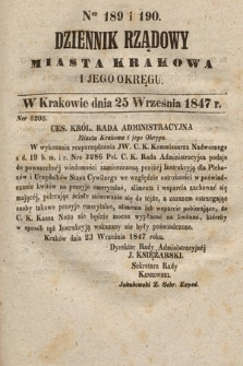 Dziennik Rządowy Miasta Krakowa i Jego Okręgu. 1847, nr 189-190