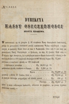 Dziennik Rządowy Miasta Krakowa i Jego Okręgu. 1847, Dyrekcya Kassy Oszczędności