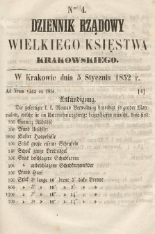 Dziennik Rządowy Wielkiego Księstwa Krakowskiego. 1852, nr 4