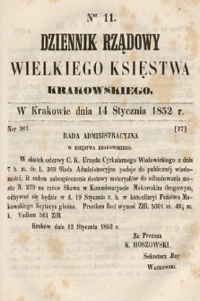 Dziennik Rządowy Wielkiego Księstwa Krakowskiego. 1852, nr 11