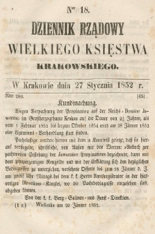 Dziennik Rządowy Wielkiego Księstwa Krakowskiego. 1852, nr 18