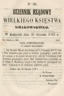 Dziennik Rządowy Wielkiego Księstwa Krakowskiego. 1852, nr 20