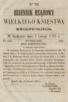 Dziennik Rządowy Wielkiego Księstwa Krakowskiego. 1852, nr 23