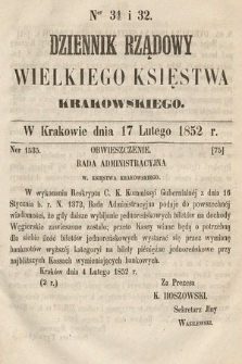 Dziennik Rządowy Wielkiego Księstwa Krakowskiego. 1852, nr 31-32