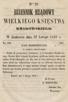 Dziennik Rządowy Wielkiego Księstwa Krakowskiego. 1852, nr 37