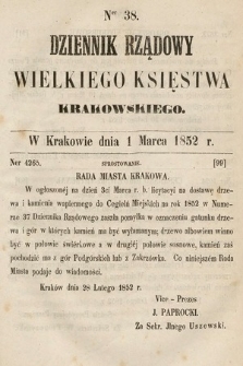 Dziennik Rządowy Wielkiego Księstwa Krakowskiego. 1852, nr 38