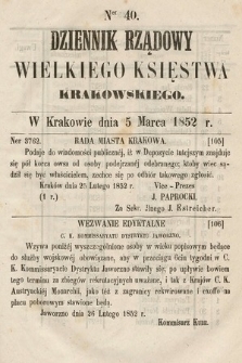 Dziennik Rządowy Wielkiego Księstwa Krakowskiego. 1852, nr 40