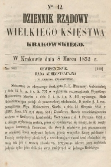 Dziennik Rządowy Wielkiego Księstwa Krakowskiego. 1852, nr 42