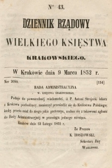 Dziennik Rządowy Wielkiego Księstwa Krakowskiego. 1852, nr 43