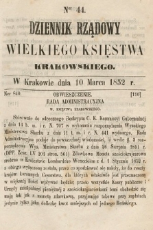 Dziennik Rządowy Wielkiego Księstwa Krakowskiego. 1852, nr 44