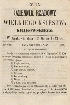 Dziennik Rządowy Wielkiego Księstwa Krakowskiego. 1852, nr 45