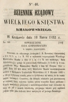 Dziennik Rządowy Wielkiego Księstwa Krakowskiego. 1852, nr 46
