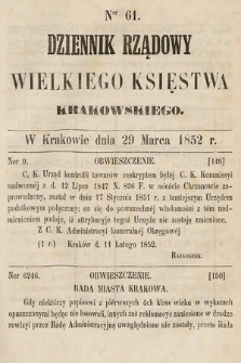 Dziennik Rządowy Wielkiego Księstwa Krakowskiego. 1852, nr 61