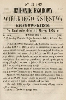 Dziennik Rządowy Wielkiego Księstwa Krakowskiego. 1852, nr 62-63