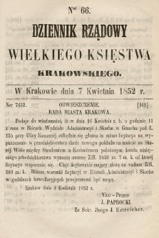 Dziennik Rządowy Wielkiego Księstwa Krakowskiego. 1852, nr 66