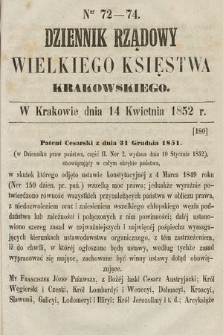 Dziennik Rządowy Wielkiego Księstwa Krakowskiego. 1852, nr 72-74