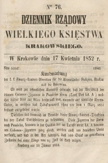 Dziennik Rządowy Wielkiego Księstwa Krakowskiego. 1852, nr 76