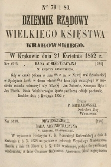 Dziennik Rządowy Wielkiego Księstwa Krakowskiego. 1852, nr 79-80