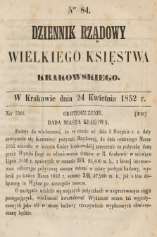 Dziennik Rządowy Wielkiego Księstwa Krakowskiego. 1852, nr 84