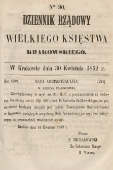 Dziennik Rządowy Wielkiego Księstwa Krakowskiego. 1852, nr 90