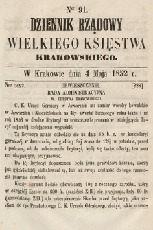 Dziennik Rządowy Wielkiego Księstwa Krakowskiego. 1852, nr 91