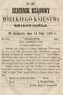 Dziennik Rządowy Wielkiego Księstwa Krakowskiego. 1852, nr 97