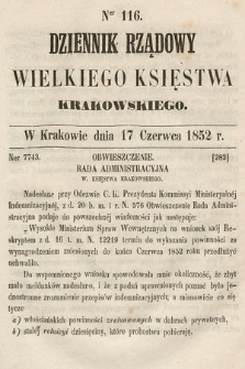 Dziennik Rządowy Wielkiego Księstwa Krakowskiego. 1852, nr 116