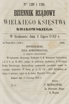 Dziennik Rządowy Wielkiego Księstwa Krakowskiego. 1852, nr 129-130
