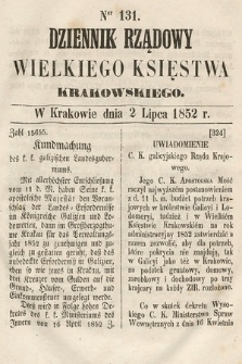 Dziennik Rządowy Wielkiego Księstwa Krakowskiego. 1852, nr 131