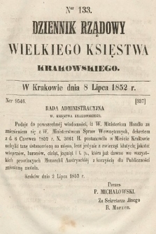 Dziennik Rządowy Wielkiego Księstwa Krakowskiego. 1852, nr 133