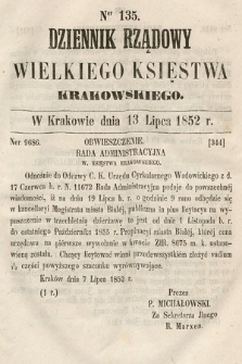 Dziennik Rządowy Wielkiego Księstwa Krakowskiego. 1852, nr 135