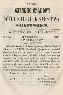 Dziennik Rządowy Wielkiego Księstwa Krakowskiego. 1852, nr 137