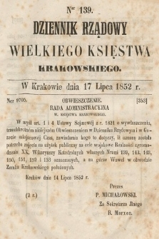 Dziennik Rządowy Wielkiego Księstwa Krakowskiego. 1852, nr 139