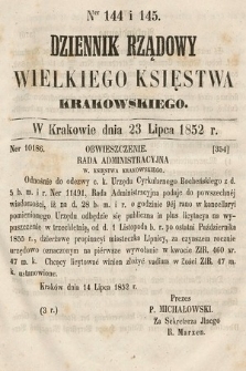 Dziennik Rządowy Wielkiego Księstwa Krakowskiego. 1852, nr 144-145