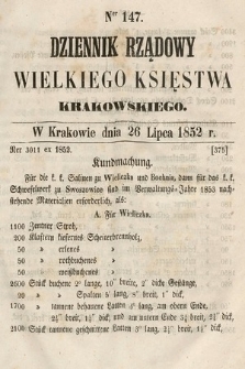 Dziennik Rządowy Wielkiego Księstwa Krakowskiego. 1852, nr 147