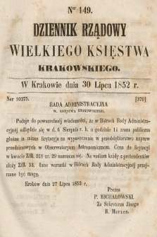 Dziennik Rządowy Wielkiego Księstwa Krakowskiego. 1852, nr 149