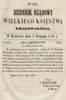 Dziennik Rządowy Wielkiego Księstwa Krakowskiego. 1852, nr 151