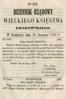 Dziennik Rządowy Wielkiego Księstwa Krakowskiego. 1852, nr 161