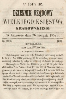 Dziennik Rządowy Wielkiego Księstwa Krakowskiego. 1852, nr 164-165