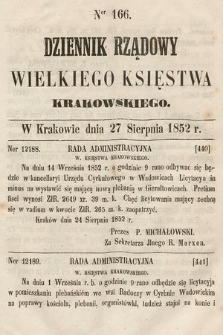 Dziennik Rządowy Wielkiego Księstwa Krakowskiego. 1852, nr 166