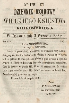 Dziennik Rządowy Wielkiego Księstwa Krakowskiego. 1852, nr 170-171