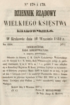 Dziennik Rządowy Wielkiego Księstwa Krakowskiego. 1852, nr 178-179