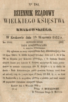 Dziennik Rządowy Wielkiego Księstwa Krakowskiego. 1852, nr 181