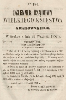 Dziennik Rządowy Wielkiego Księstwa Krakowskiego. 1852, nr 184