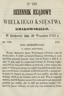 Dziennik Rządowy Wielkiego Księstwa Krakowskiego. 1852, nr 187