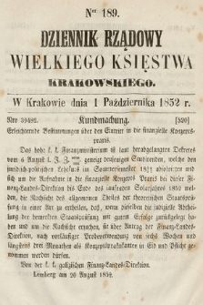 Dziennik Rządowy Wielkiego Księstwa Krakowskiego. 1852, nr 189