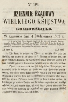 Dziennik Rządowy Wielkiego Księstwa Krakowskiego. 1852, nr 194