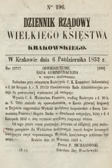 Dziennik Rządowy Wielkiego Księstwa Krakowskiego. 1852, nr 196